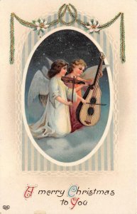 MERRY CHRISTMAS HOLIDAY ANGELS VIOLIN & CELLO GEL COATED POSTCARD (1913)