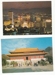 P1902, 2 dif vintage views hong kong night scene f/peak,buddist temple ngon ping