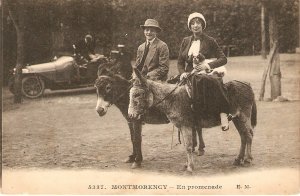 Couple. Walk on donkeys. Montmorency Old vintage French postcard