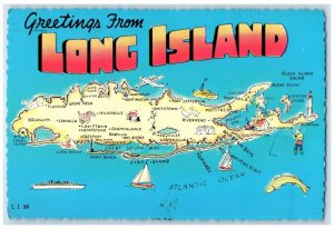 1974 Greetings From Map Long Island Vacation Paradise New York Vintage Postcard