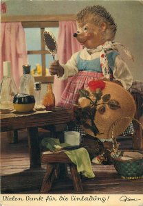 Dressed hedgehog puppet mirror Germany fantasy greetings postcard
