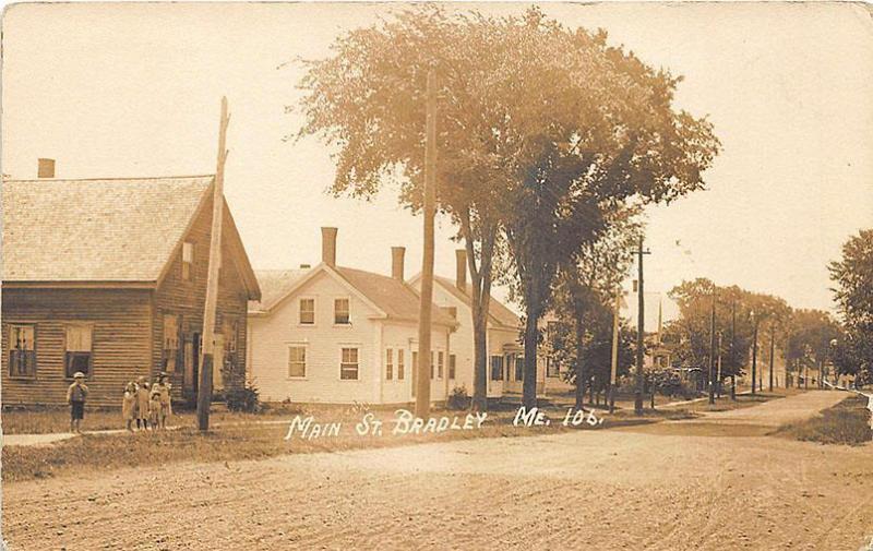 Bradley ME Dirt Street Houses Children in 1914 RPPC Postcard