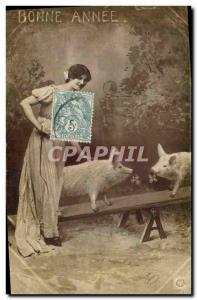 Old Postcard Cochon Pig Woman