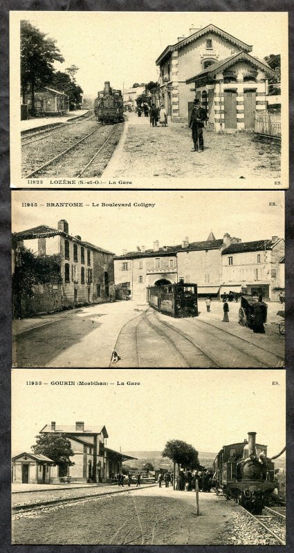 h2750 - FRANCE 3 Postcards Trains, Stations. Lozere, Brantome, Gourin