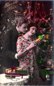 Postcard Christmas Joyeux Noel Photo tinted Couple at Christmas CEKO 1934 set 