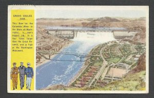 DATED 1944 PPC* GRAND COULEE DAM IN WASHINGTON SERVICE MANS THEME WW2 AT LEFT