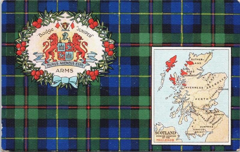 Scotland Map Colours Coat of Arms Badge Juniper Blue Green Antique Postcard E36