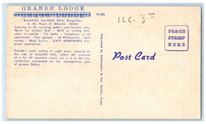 c1940 Grande Lodge Hotel Bungalows Heart Sixty Apartments Dallas Texas Postcard