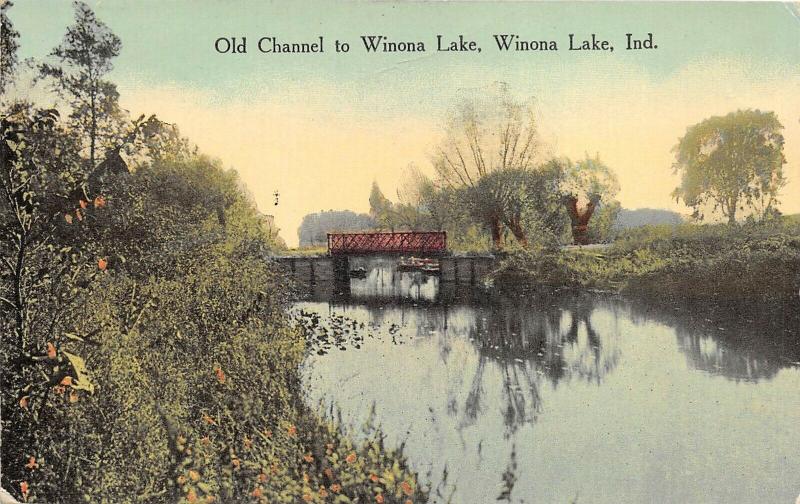 Winona Lake Indiana 1910 Postcard Old Channel To Winona Lake Bridge