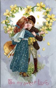 Postcard Valentine - To my sweet love - boy and girl embrace in heart of flowers