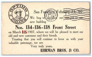 1907 Optimo Cigars Removal to New Building San Francisco California CA Postcard