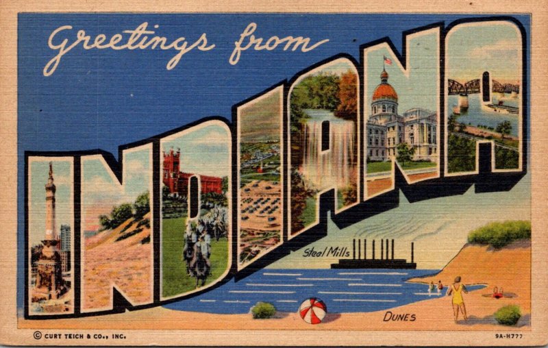 Indiana Greetings From Large Letter Linen 1952 Curteich