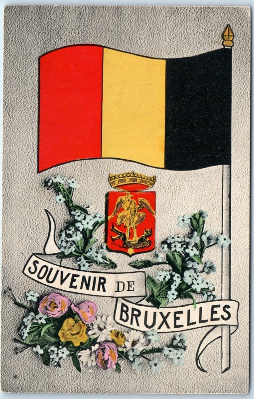 c1900s Brussels, Belgium Flag Coat of Arms Floral Souvenir Postcard A345