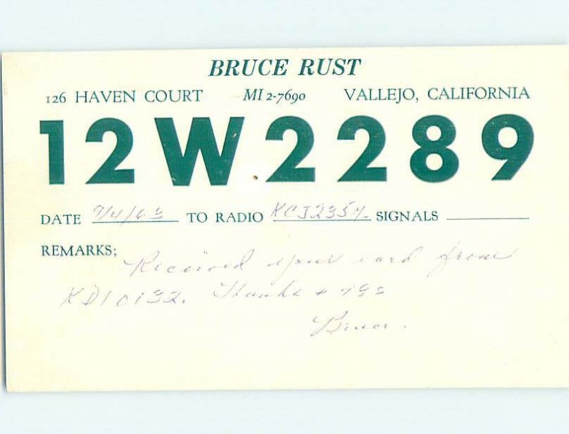 Pre-1980 RADIO CARD - CB HAM OR QSL Vallejo California CA AH1203