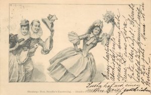 Postcard Women and Clown Doff Hats Masquerade Ball Theo Stroefer