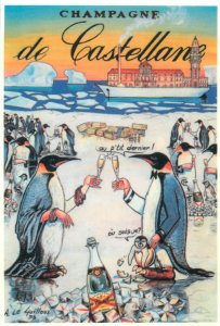 Champagne de Castellane poster advertising postcard penguins cheers