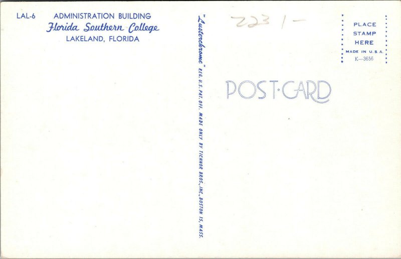 Vtg Florida Southern College Administration Building Lakeland FL Postcard