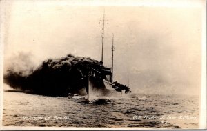 Real Photo Postcard Military Navy Ship on Fire, Volumes of Smoke