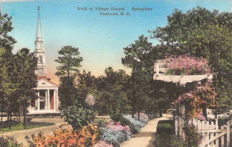 PINEHURST, NC North Carolina    WALK TO VILLAGE CHAPEL   Hand Colored Postcard