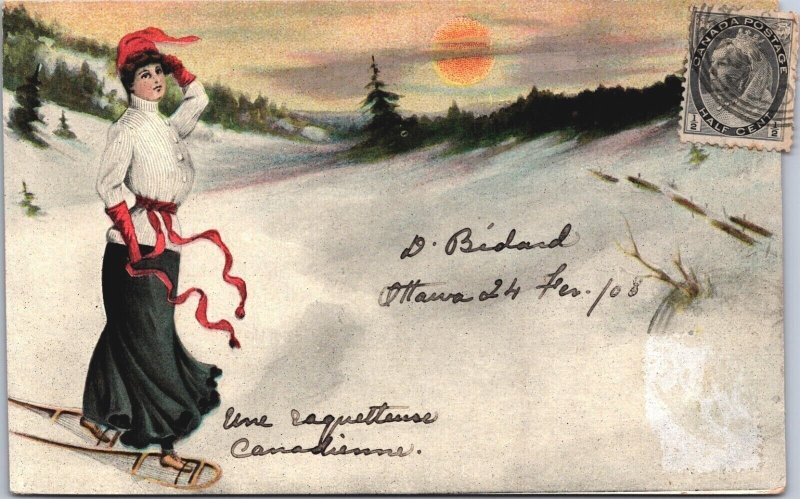 Canada Art Deco Wintersport Lady Skiing Vintage Postcard 04.35 