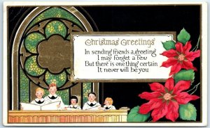 M-40109 Christmas Greetings Holiday Card w/ Poem Children Choir & Flowers Art...