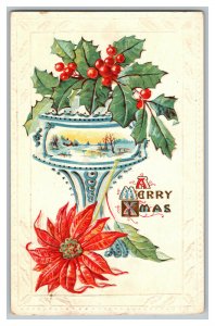 Postcard A Merry Christmas Vintage Standard View Card Embossed Flowers Holly