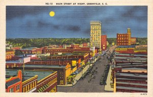 Greenville South Carolina 1940s Postcard Main Street at Night