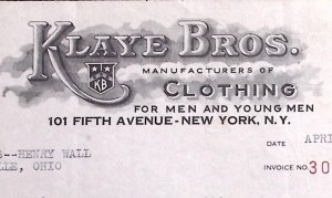1937 KLAYE BROS CLOTHING FOR MEN AND YOUNG MEN NEW YORK BILLHEAD STATEMENT Z374