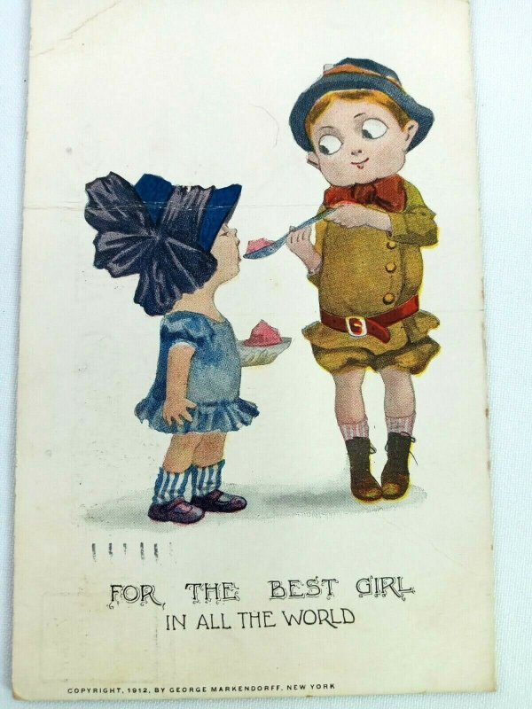 Vintage Postcard For the Best Girl in All The World Girl & Boy Posted 1912