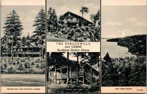 Cartão postal ME Boothbay Harbor Sprucewold & Cabins sala de jantar multivisualização década de 1930 H16-
