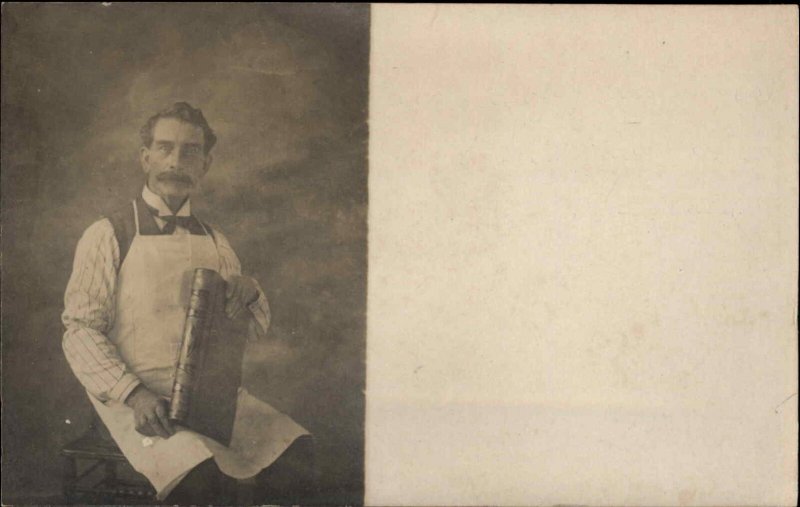 Man in Studio Apron & Book Honesdale? PA Uncle John Rodemeyer on Back RPPC