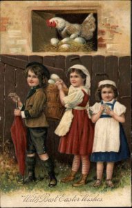 Easter Children Collect Eggs Chicken Coop Embossed PFB c1900s-10s Postcard