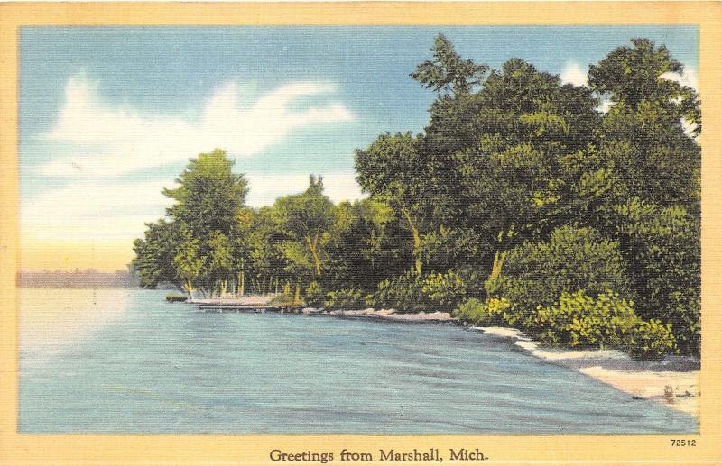 Marshall Michigan~Idyllic Lake Scene~Trees Along Shore Line~1940s Linen Pc