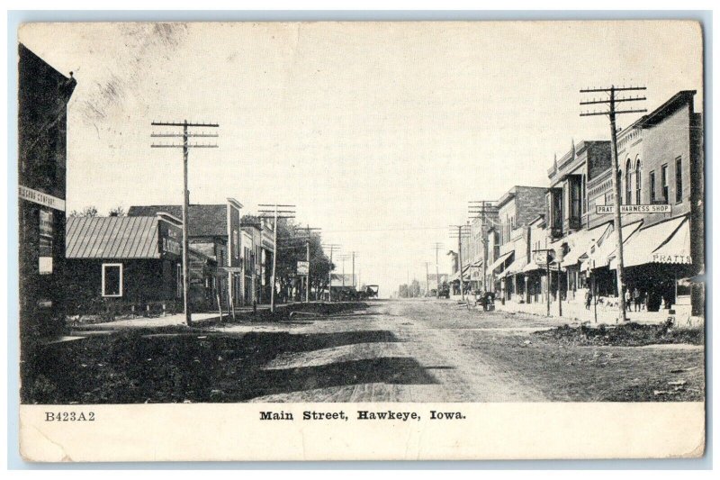 c1910's View Of Main Street Harness Shop  Hawkeye Iowa IA Antique Postcard