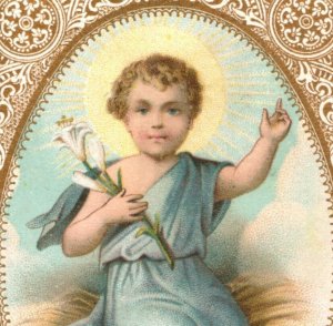 1870s-80s Religious Trade Card Holy Child White Lily Halo Fab! F140