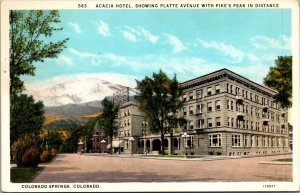 Postcard Acacia Hotel, Platte Avenue, Pikes Peak in Colorado Springs, Colorado