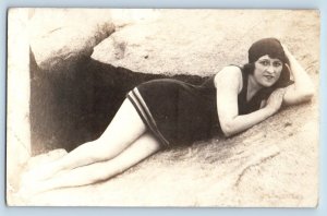 Pretty Woman Postcard RPPC Photo Mack Sennett Bathing Suit Risque c1910's Posted