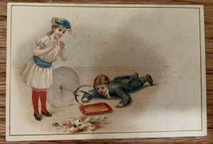 Victorian Trade Card Mischievous Boy Breaking Glass Kenzie Street Chicago Yeast!