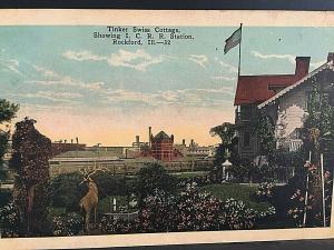 Postcard Tinker Swiss Cottage,showing I.C.R.R. Station, Rockford, IL       T2