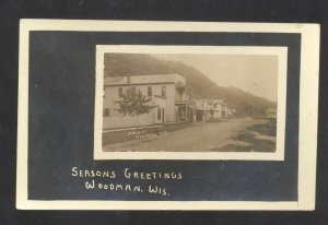 RPPC WOODMAN WISCONSIN DOWNTOWN STREET SCENE REAL PHOTO POSTCARD