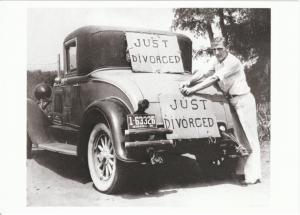 Just Divorced Sign on Antique Car Divorce Postcard
