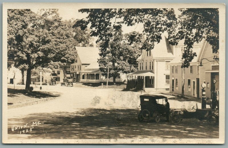 UNION ME 1925 GAS STATION w/ OLD CAR ANTIQUE REAL PHOTO POSTCARD RPPC