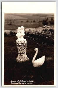 Dickeyville WI RPPC Statues In Park Children And Swan Postcard V26