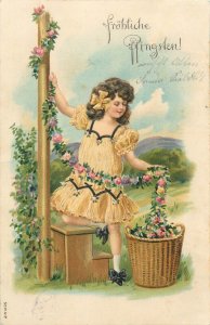 Pentecost embossed vintage greetings postcard beauty girl floral decor Germany 