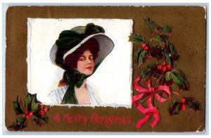 St. Paul MN Postcard Christmas Pretty Woman Big Hat Holly Berries Embossed 1909