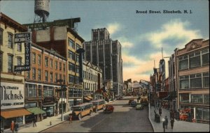 Elizabeth New Jersey NJ Broad Street Bus Buses Linen Vintage Postcard