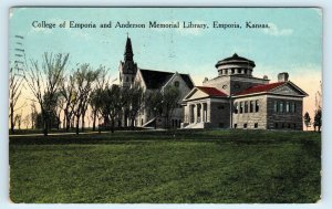 EMPORIA, KS Kansas ~ COLLEGE of Emporia & Memorial LIBRARY 1915 Postcard