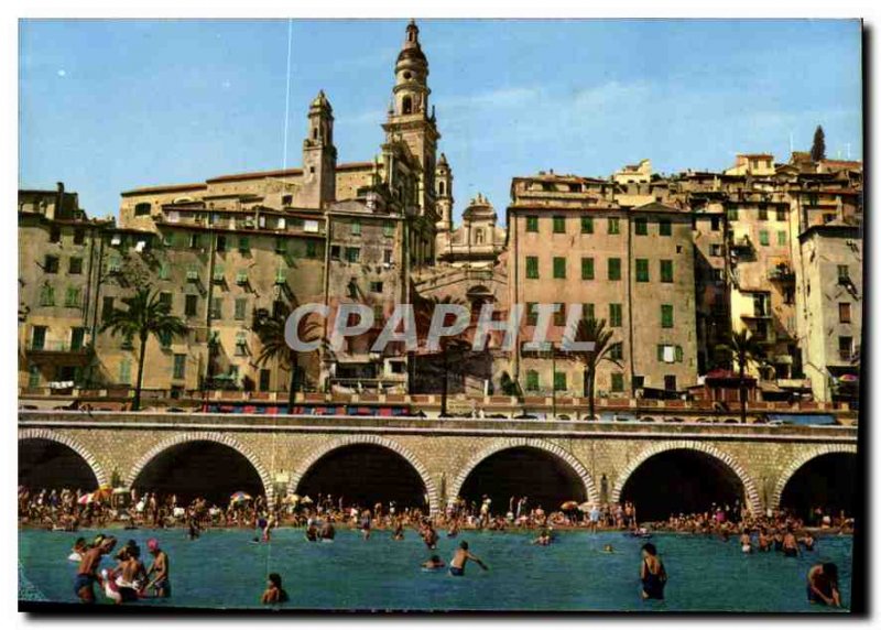 Modern Postcard The French Riviera Menton Old Town Beach and Church of St Mic...