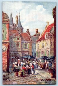 Bruges Belgium Postcard Quiet Street Antiquated Buildings c1910 Oilette Tuck Art