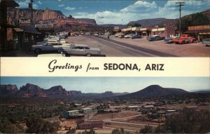 Sedona Arizona AZ Classic Cars Trucks Street Scene Split View Vintage Postcard